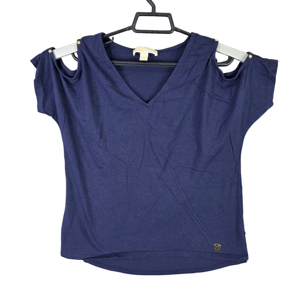 Womens Michael Michael Kors Blue T Shirt Cold Shoulder V Neck Polyester Blend M